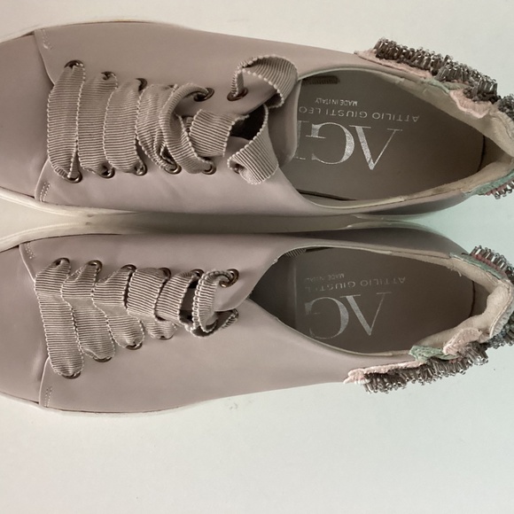 AGL TAN NEUTRAL FLORAL BEADED EMBROIDERY LEATHER SNEAKERS SHOES 7.5 - Picture 11 of 13